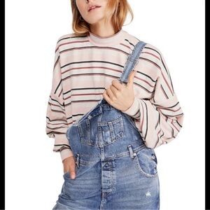 NWOT Free People Pink Grey Steph Mock Neck Stripe Top